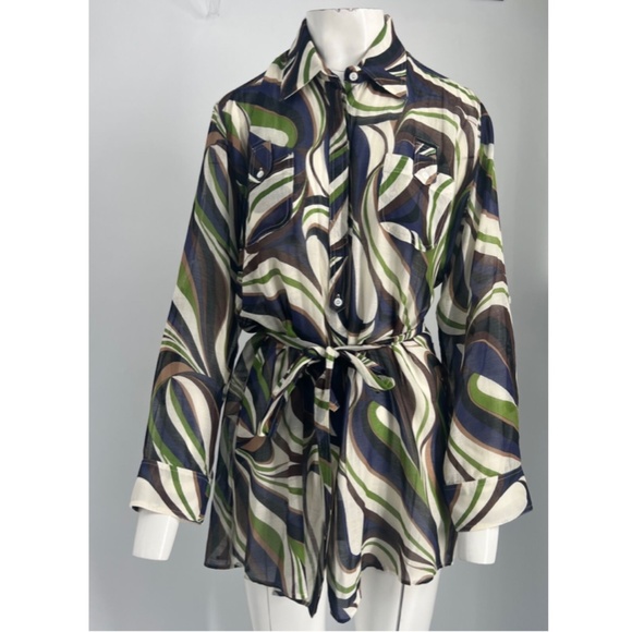 Daslu Sao Paulo Green/Blue/White/ Button up sheer print Tunic Mini Dress Size 44 - Picture 1 of 4